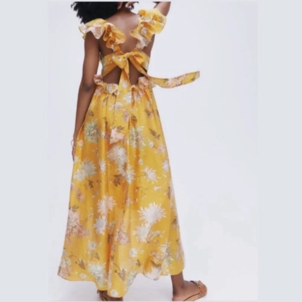 H&M Yellow Floral Ruffle Plunge Open Back Lyocell Midi Dress NWT - Picture 5 of 15